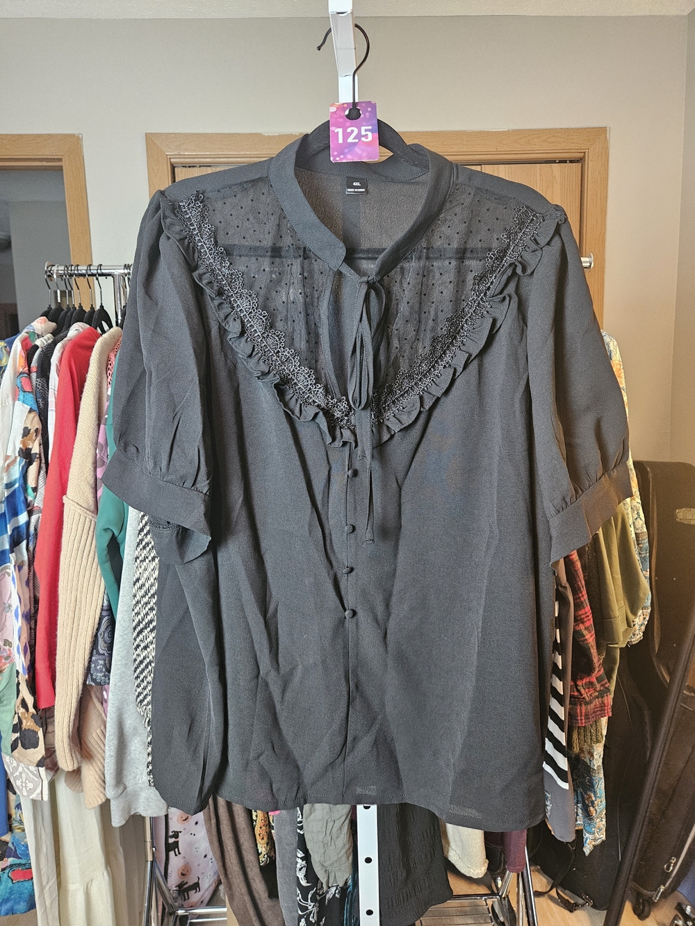 SHEIN Black Lace-Trim Tie-Neck Button Down Blouse